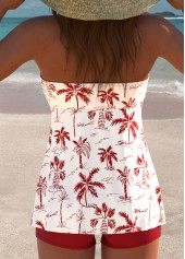 Mid Waisted Tropical Plants Print Wine Red Tankini Set