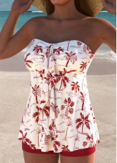 Mid Waisted Tropical Plants Print Wine Red Tankini Set