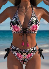 Mid Waisted Floral Print Black Bikini Set
