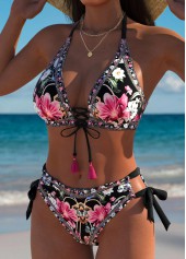 Mid Waisted Floral Print Black Bikini Set