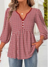 Plaid Red 3/4 Sleeve Split Neck Blouse