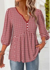 Plaid Red 3/4 Sleeve Split Neck Blouse