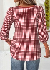 Plaid Red 3/4 Sleeve Split Neck Blouse