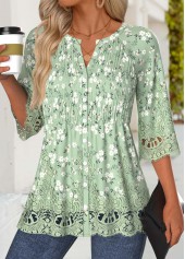 Floral Print Light Green 3/4 Sleeve Split Neck Blouse