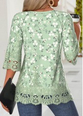 Floral Print Light Green 3/4 Sleeve Split Neck Blouse