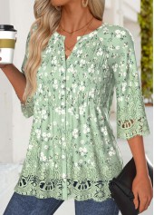 Floral Print Light Green 3/4 Sleeve Split Neck Blouse