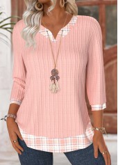 Plaid Light Pink 3/4 Sleeve V Neck T Shirt