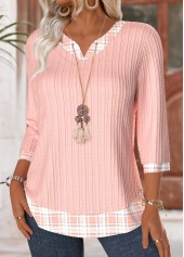 Plaid Light Pink 3/4 Sleeve V Neck T Shirt