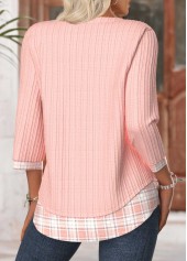 Plaid Light Pink 3/4 Sleeve V Neck T Shirt