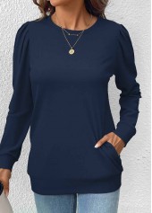 Double Side Pockets Navy Long Sleeve Round Neck Sweatshirt