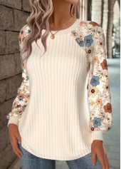 Floral Print Beige Long Sleeve Round Neck Sweatshirt