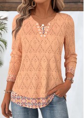 Tribal Print Orange Long Sleeve Split Neck T Shirt