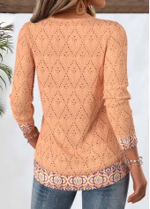 Tribal Print Orange Long Sleeve Split Neck T Shirt
