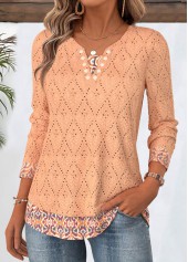Tribal Print Orange Long Sleeve Split Neck T Shirt