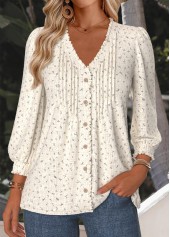 Floral Print Beige Long Sleeve V Neck Blouse