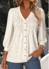 Floral Print Beige Long Sleeve V Neck Blouse