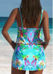 Tropical Plants Print Cyan One Piece Swimdress