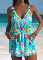 Tropical Plants Print Cyan One Piece Swimdress