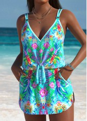 Tropical Plants Print Cyan One Piece Swimdress