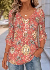 Tribal Print Tummy Coverage Coral Long Sleeve Blouse