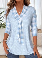 Plaid Light Blue 3/4 Sleeve V Neck T Shirt