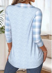 Plaid Light Blue 3/4 Sleeve V Neck T Shirt