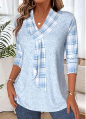 Plaid Light Blue 3/4 Sleeve V Neck T Shirt
