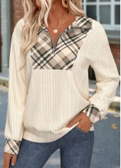 Plaid Zipper Beige Long Sleeve Sweatshirt
