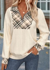 Plaid Zipper Beige Long Sleeve Sweatshirt