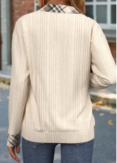 Plaid Zipper Beige Long Sleeve Sweatshirt