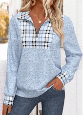 Plus Size Light Blue Tummy Coverage Plaid Sweatshirt