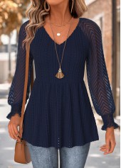 Peplum Navy Long Sleeve V Neck T Shirt
