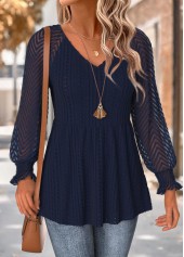 Peplum Navy Long Sleeve V Neck T Shirt