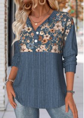 Floral Print Peacock Blue Long Sleeve Split Neck Sweatshirt