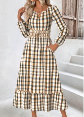 Plaid Beige Long Sleeve Split Neck Dress