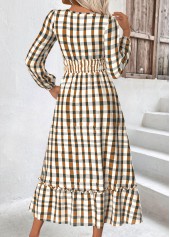 Plaid Beige Long Sleeve Split Neck Dress