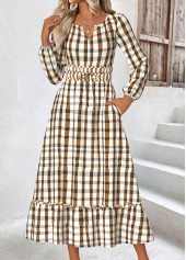 Plaid Beige Long Sleeve Split Neck Dress