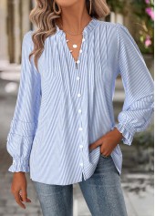 Striped Tummy Coverage Blue Long Sleeve Split Neck Blouse