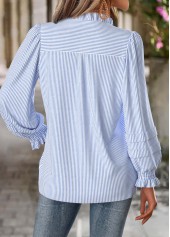Striped Tummy Coverage Blue Long Sleeve Split Neck Blouse