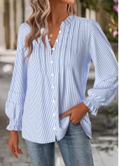 Striped Tummy Coverage Blue Long Sleeve Split Neck Blouse