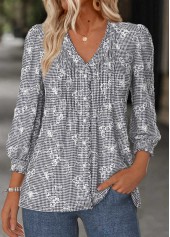 Plaid Tummy Coverage Black Long Sleeve V Neck Blouse