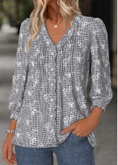 Plaid Tummy Coverage Black Long Sleeve V Neck Blouse