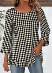 Plaid Tummy Coverage Black 3/4 Sleeve T Shirt