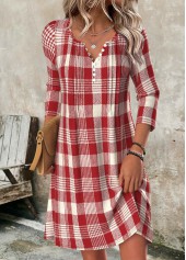 Plaid Tummy Coverage Red Short Long Sleeve Dress