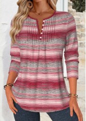 Striped Tuck Stitch Multi Color Long Sleeve Blouse