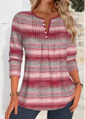 Striped Tuck Stitch Multi Color Long Sleeve Blouse
