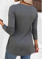 Pleated Grey Long Sleeve Split Neck T Shirt