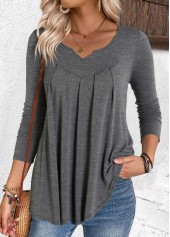 Pleated Grey Long Sleeve Split Neck T Shirt