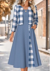 Plaid Tummy Coverage Dusty Blue Dress and Cardigan