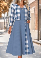 Plaid Tummy Coverage Dusty Blue Dress and Cardigan